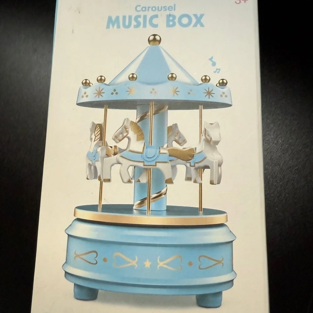 Blue Carousel Music Box Horses Merry Go Round LED lights Birthday Gift NEW